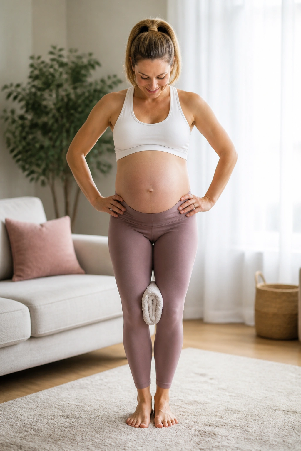 Pregnant woman performing inner thigh squeeze with a towel between knees.