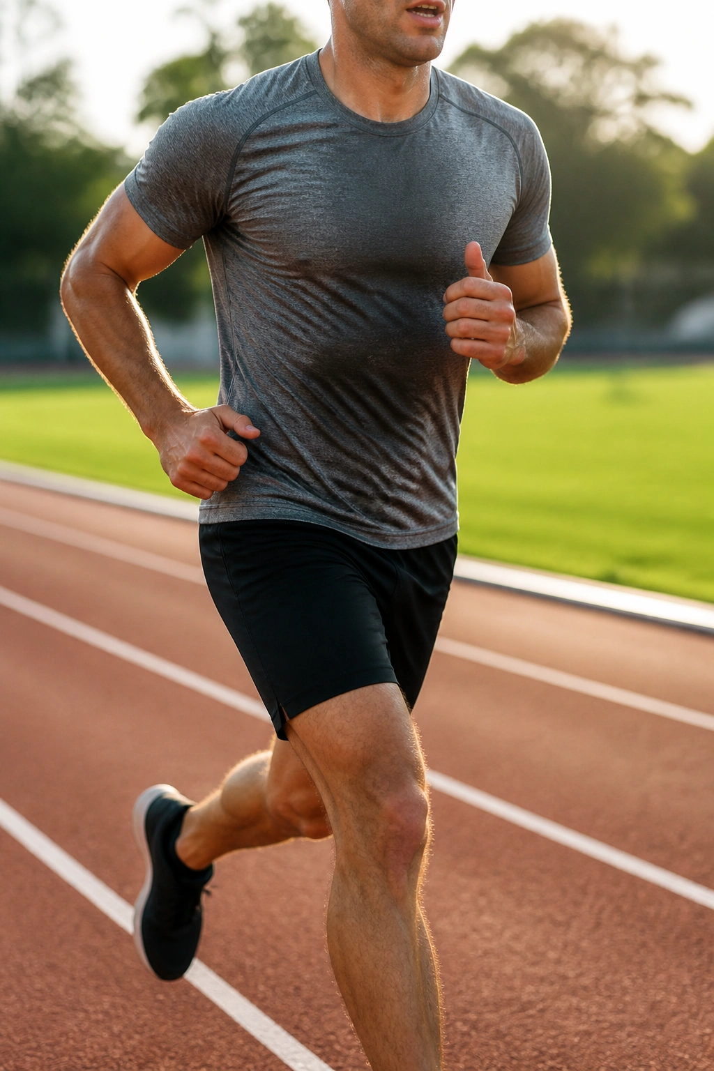 Close-up of a runner mid-stride on outdoor track during interval ladder