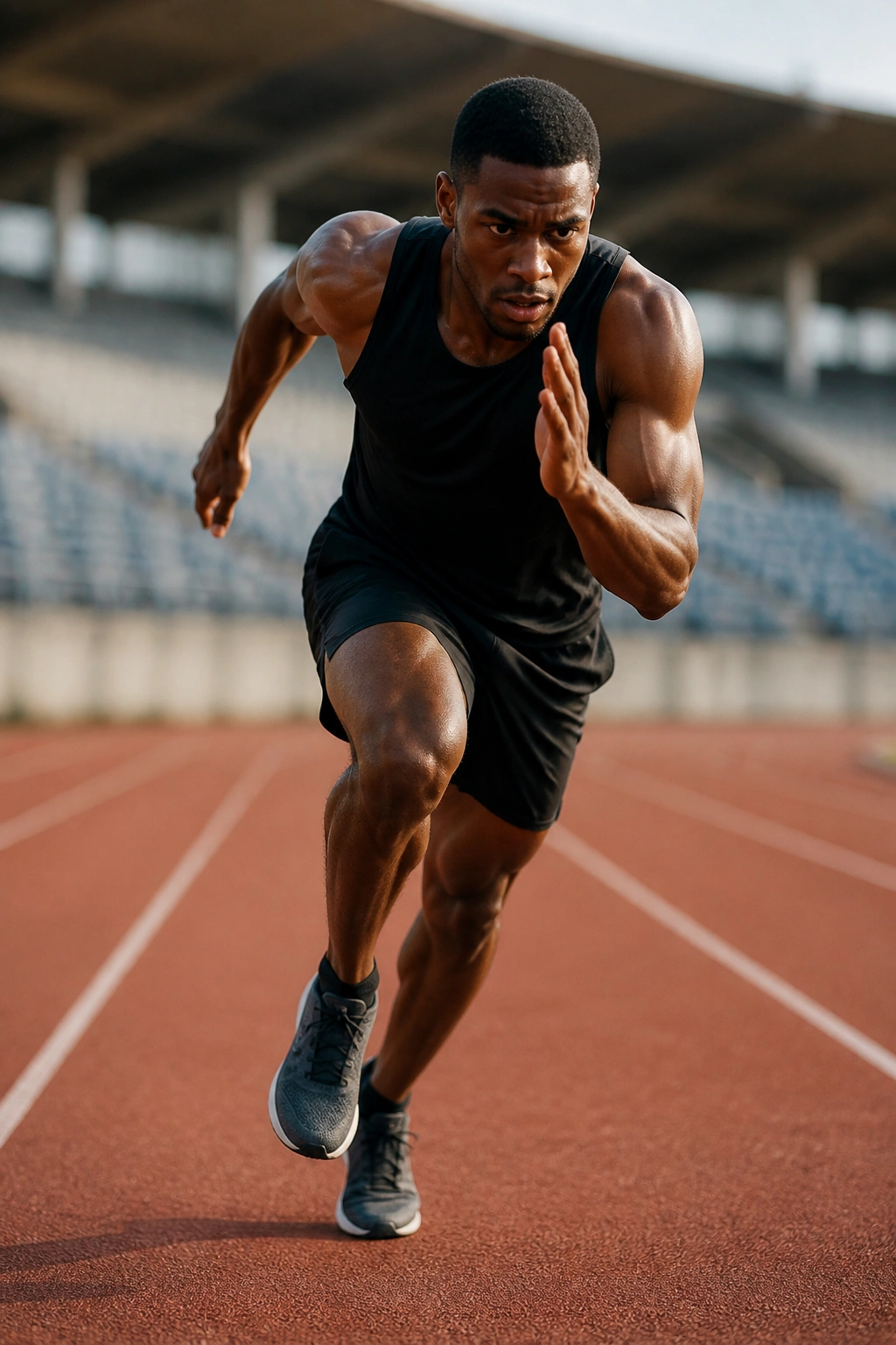 Dynamic close-up of a runner in a 30-second interval burst on a track