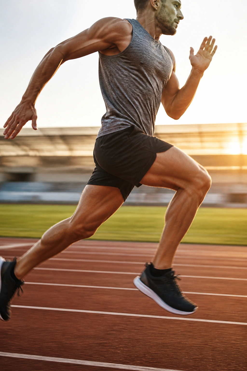 Runner mid-stride performing 10-20-30 intervals on track