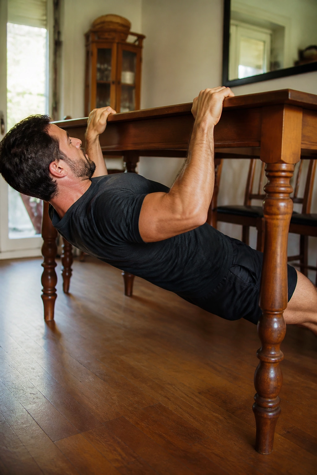Person doing an inverted row under a sturdy table in a home setting