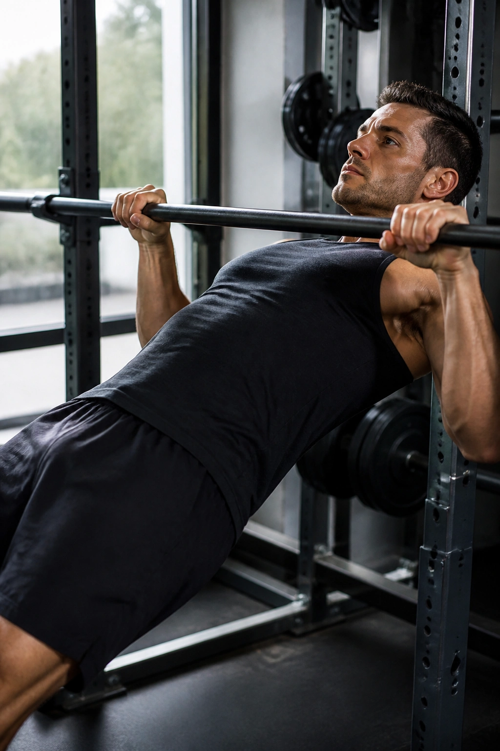 Real person performing inverted rows on a bar to strengthen upper back and posture