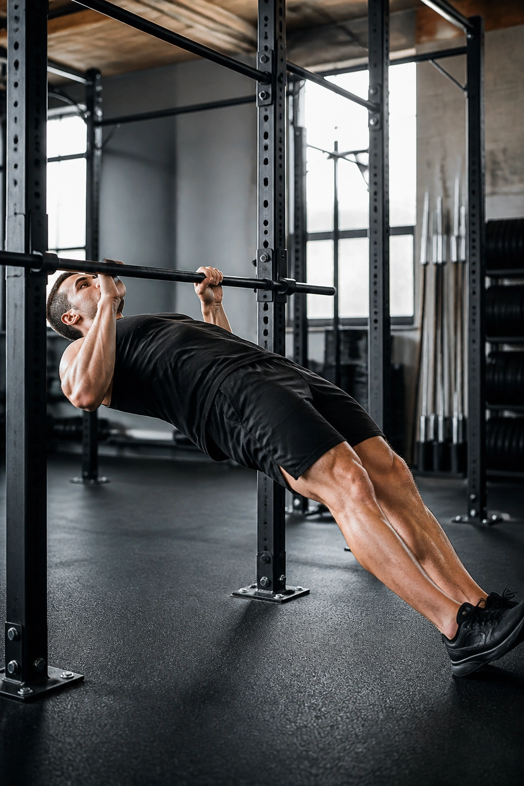 Mid-shot of a person performing inverted rows under a bar with a straight body line.