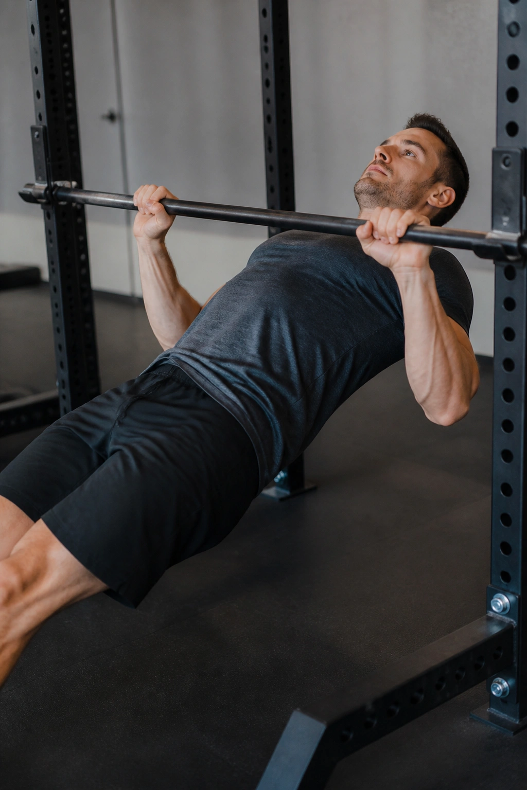 Real person in an inverted row holding onto a bar