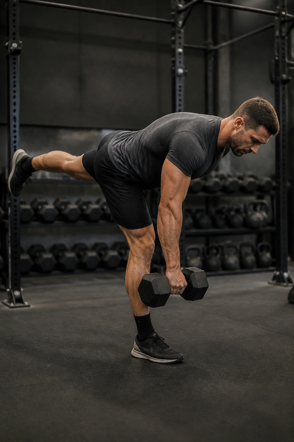 Athlete performing ipsilateral single-leg deadlift in a gym