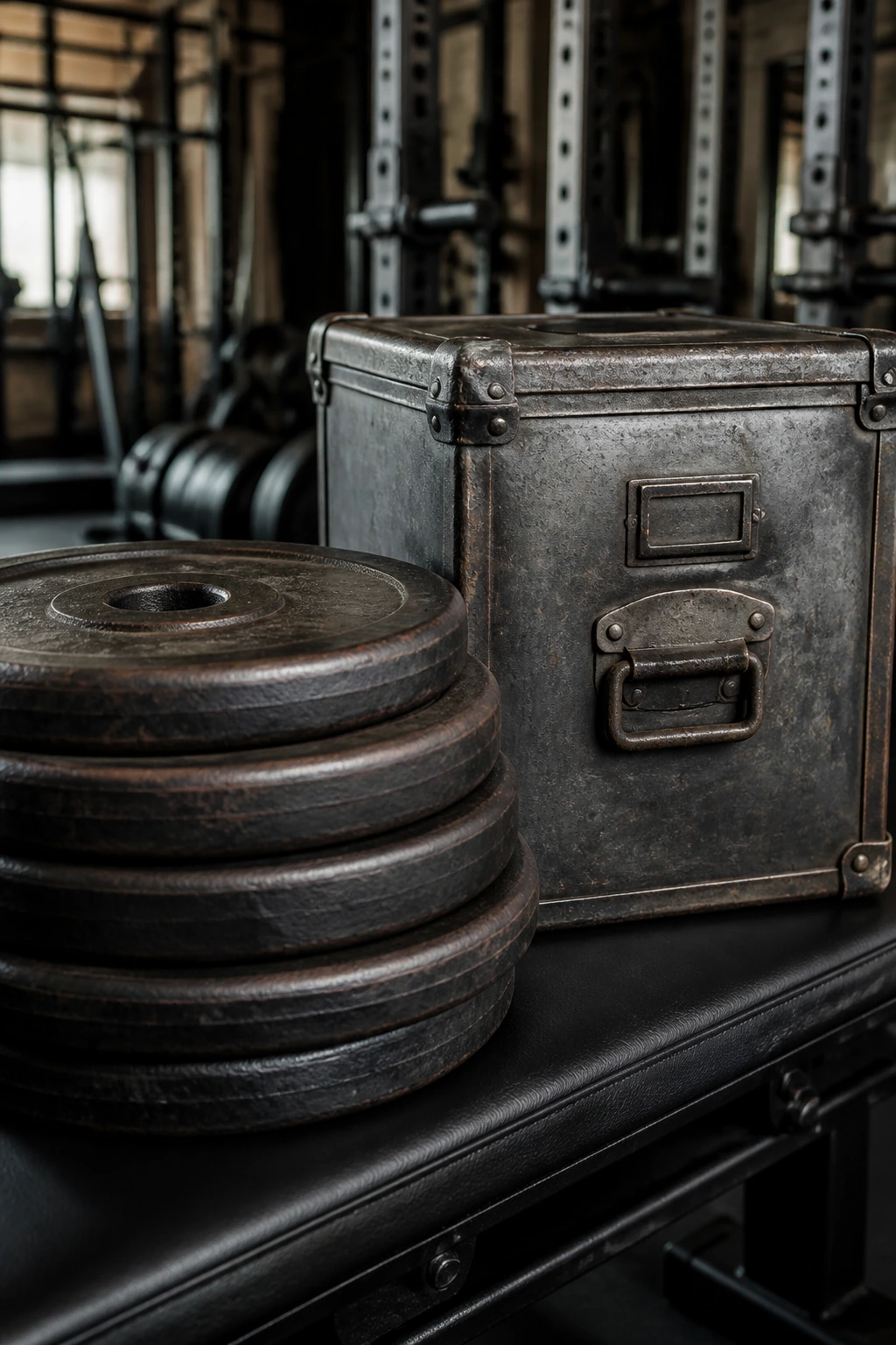 Iron weight plates with a rugged metal archive box in a gym