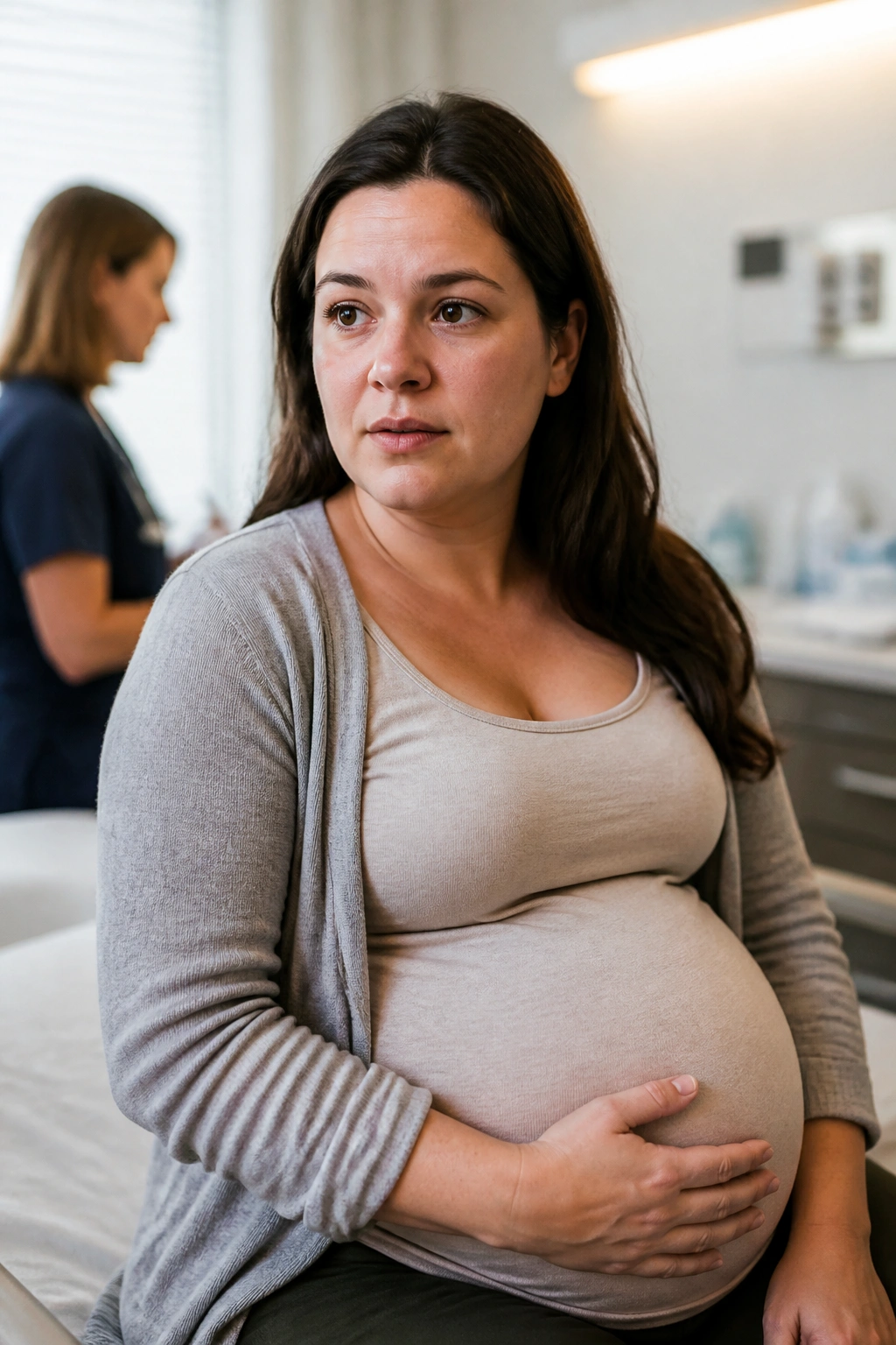Pregnant woman in a clinic discussing fatigue with a clinician