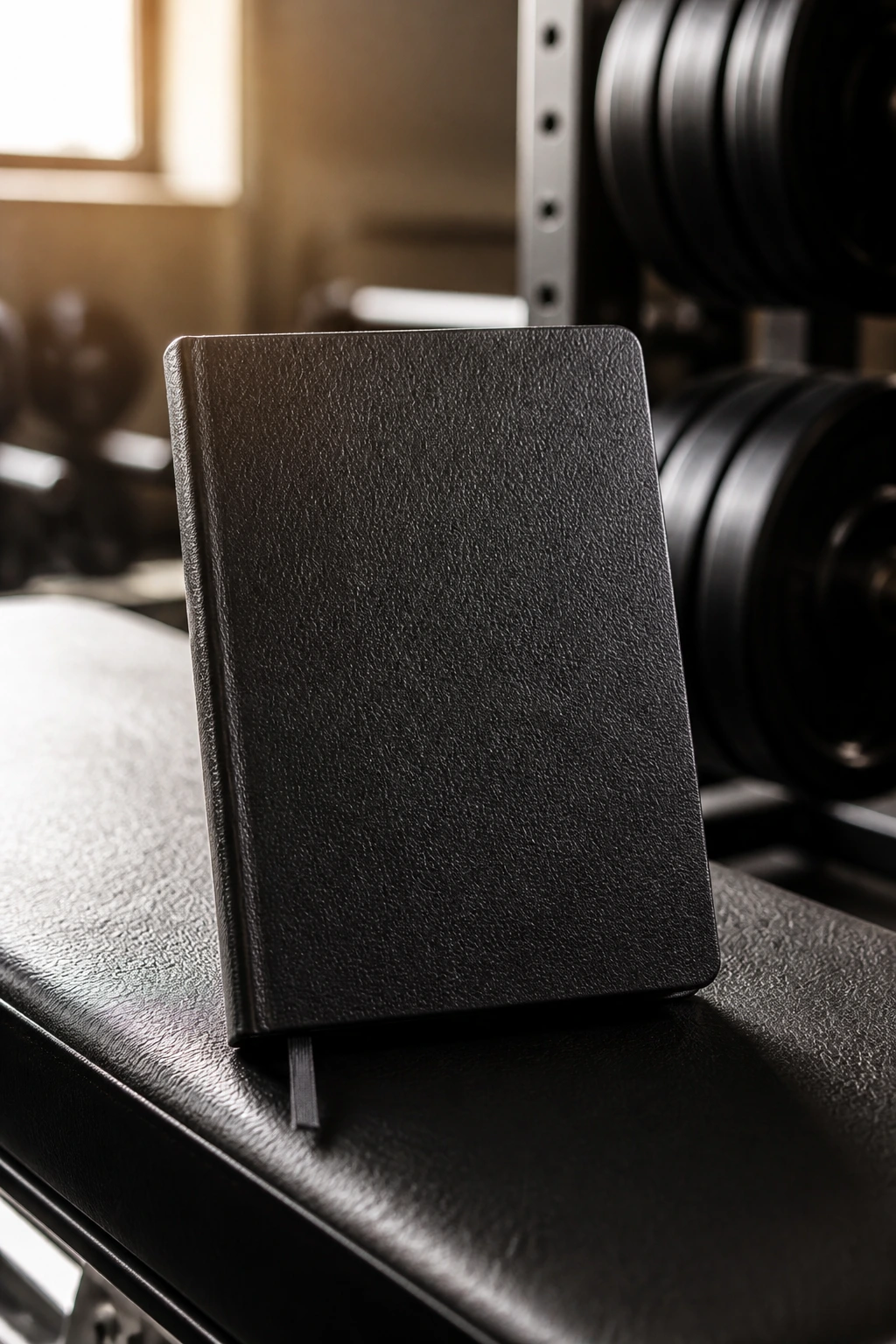 Close-up of a plain black notebook on a gym bench with soft warm light