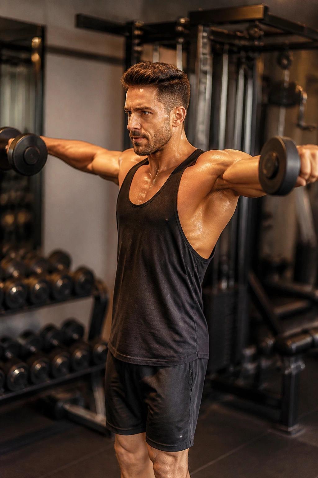 Lifter performing high-rep isolation exercise (lateral raises) in gym