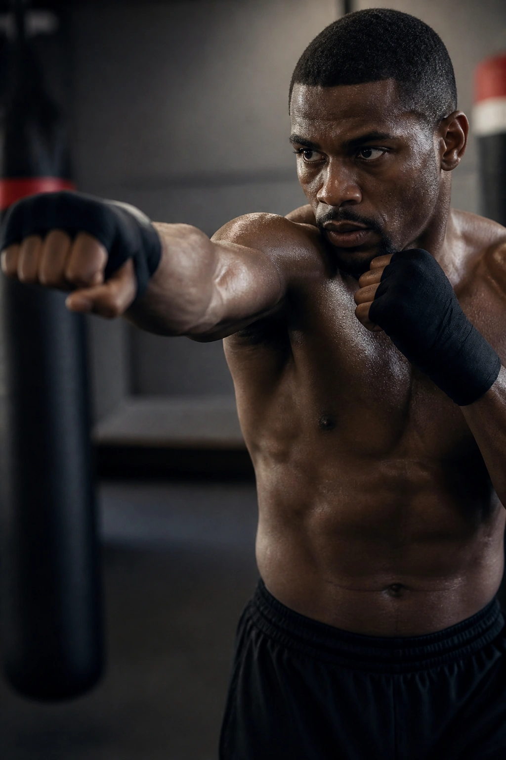 Fighter in full extension punch holding with tense core