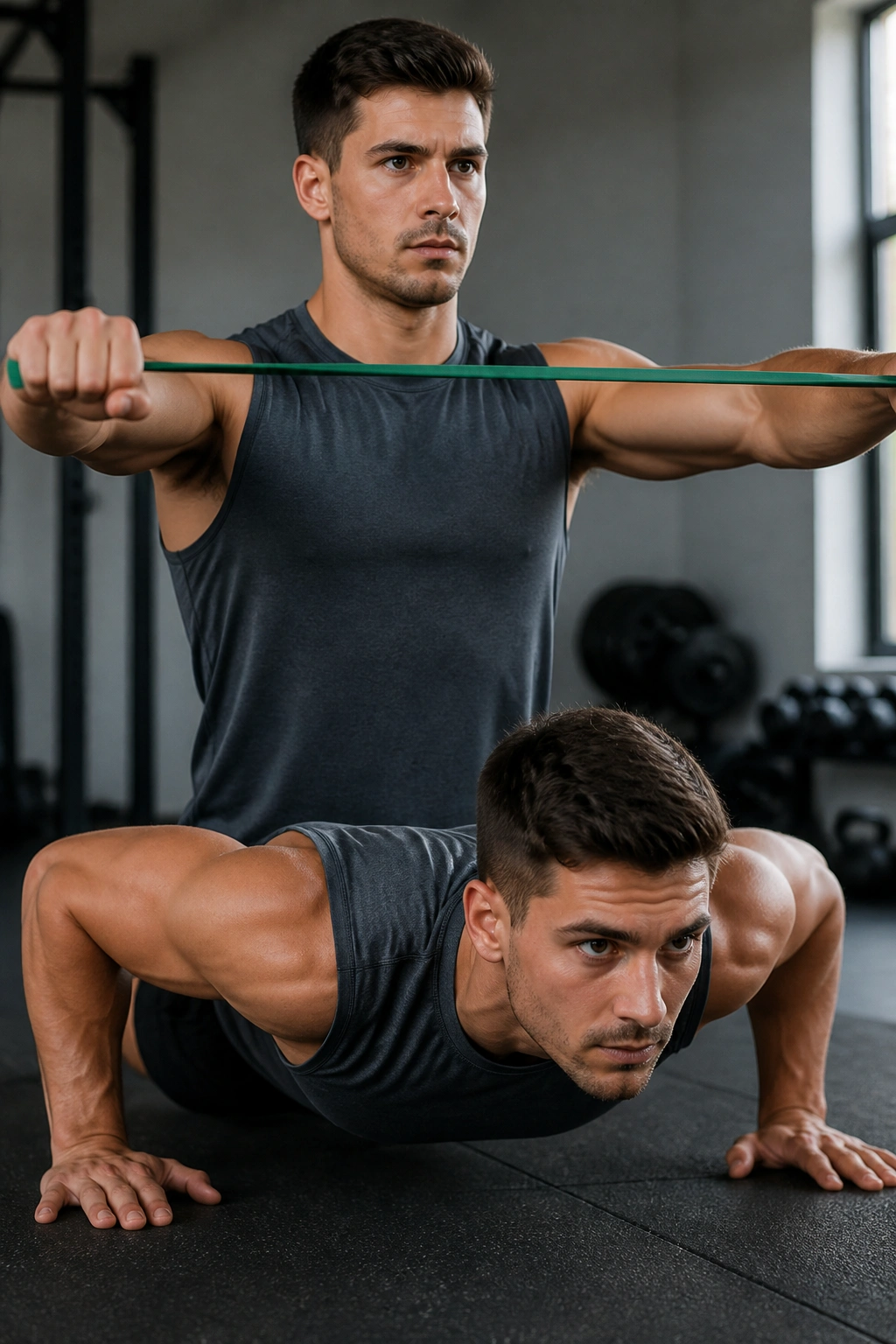 Close-up of chest and shoulders during isometric push-up hold with band pull-aparts
