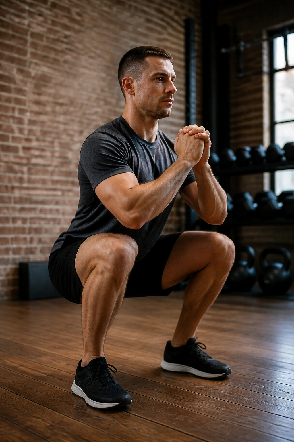 Real athlete in an isometric squat hold showing quad and core tension in a gym