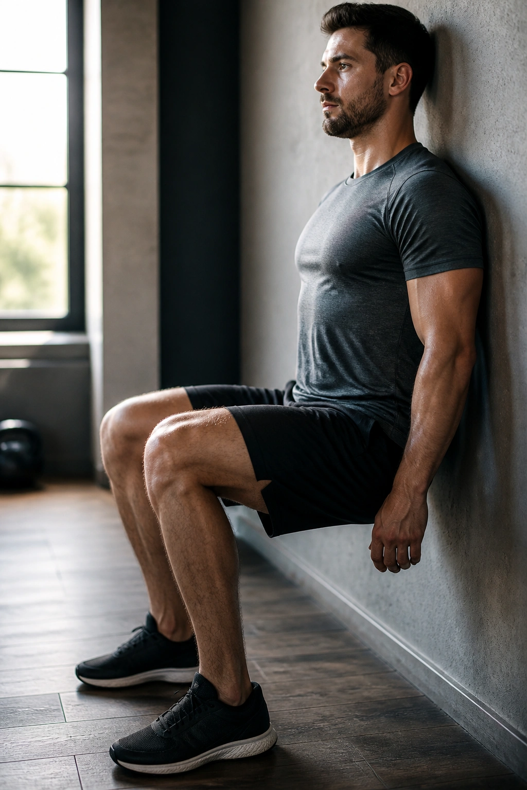Person in wall sit isometric hold in gym