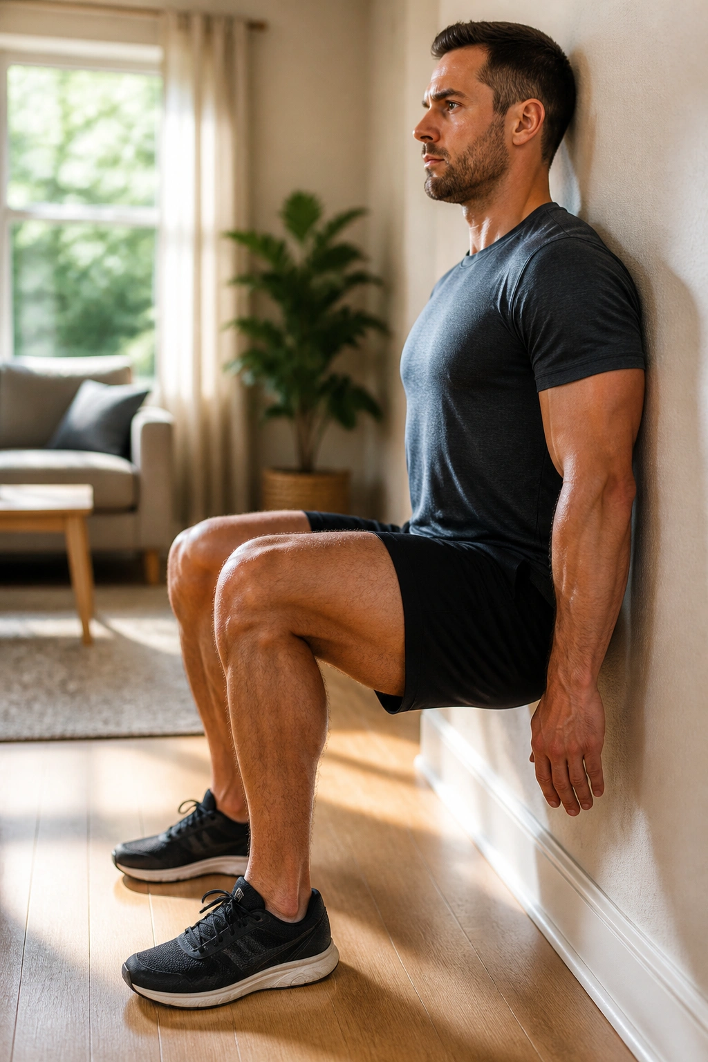Wall sit isometric hold of a real person in a living room