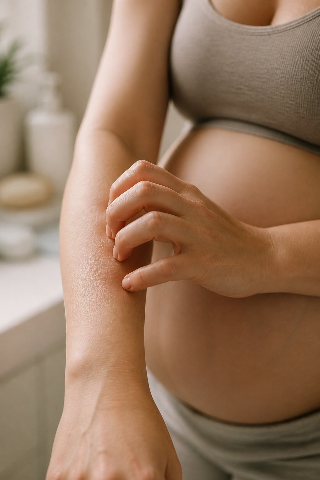 Close-up of a pregnant hand scratching forearm, indicating abnormal itching