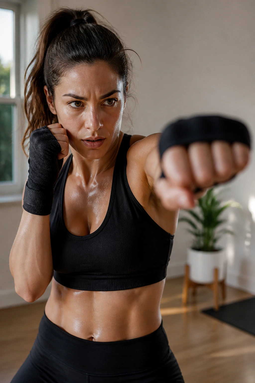 Close-up of a woman delivering jab-cross in a bright home gym during a wake-up cardio session