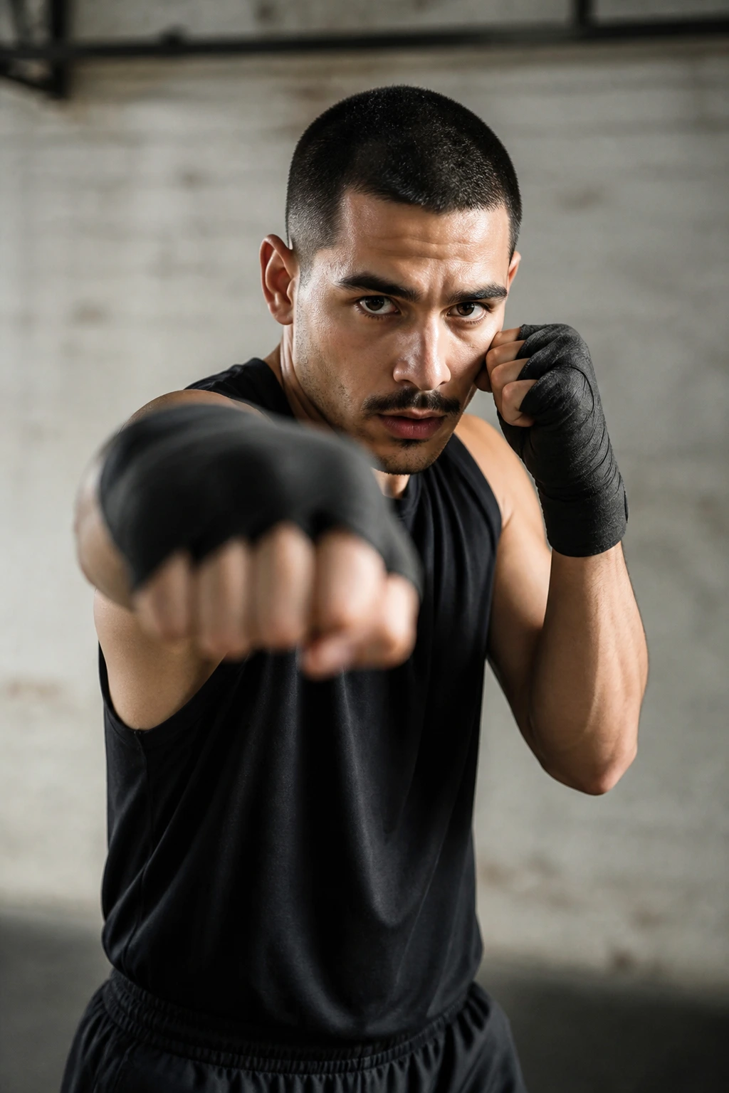 Boxer performing a jab with focus, close-up in gym