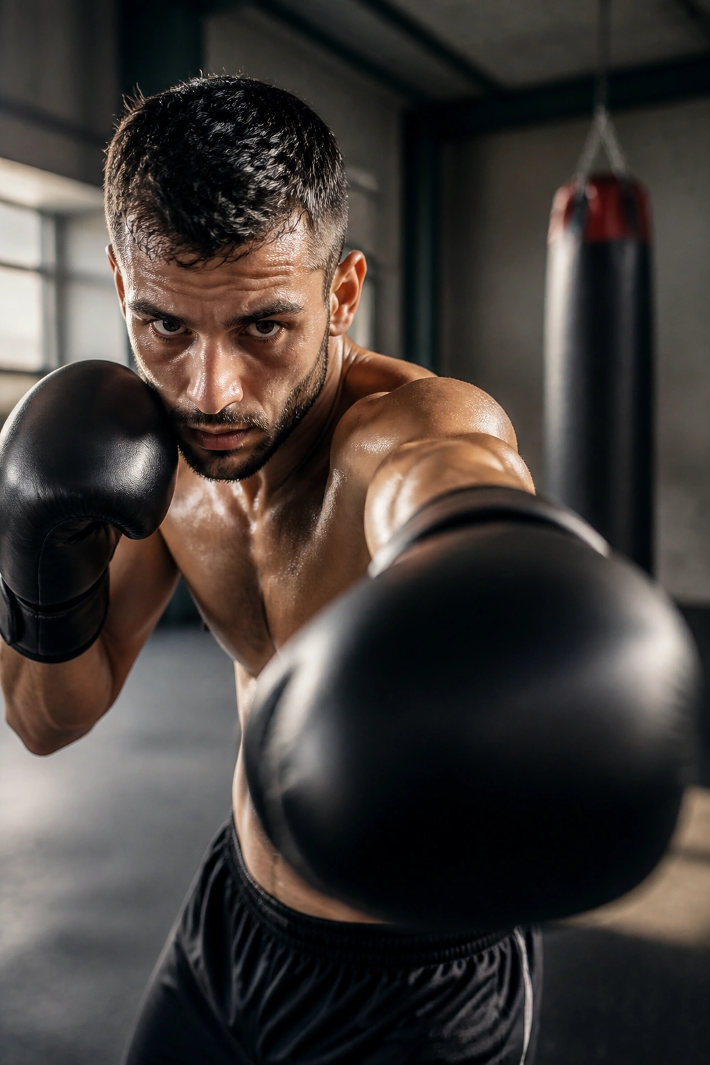 Boxer at end of reach delivering a jab in gym with extended glove