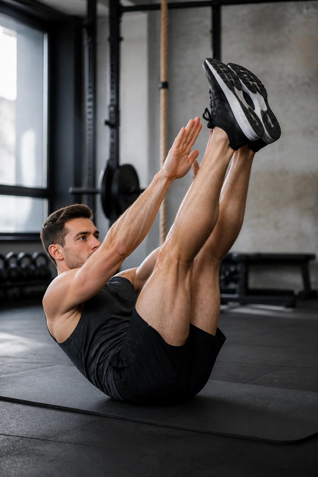 Person performing a jackknife sit-up with controlled movement on a mat