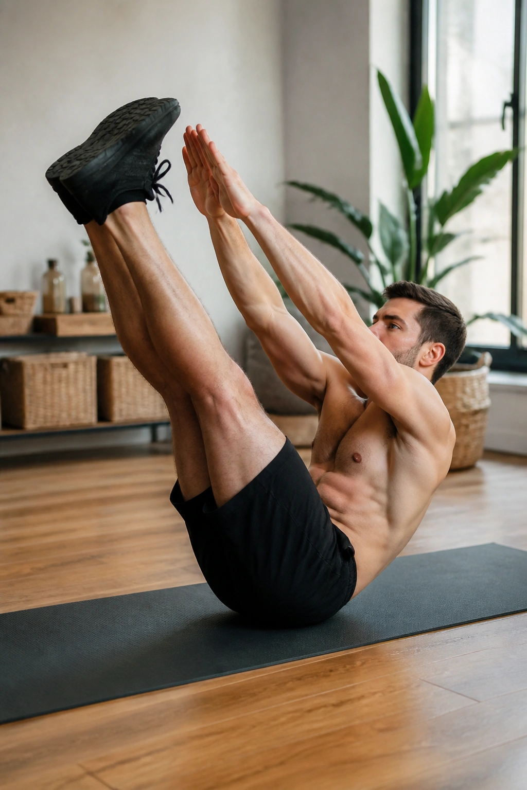 Person performing Jackknife Sit-Up on a mat with synchronized arm-leg fold