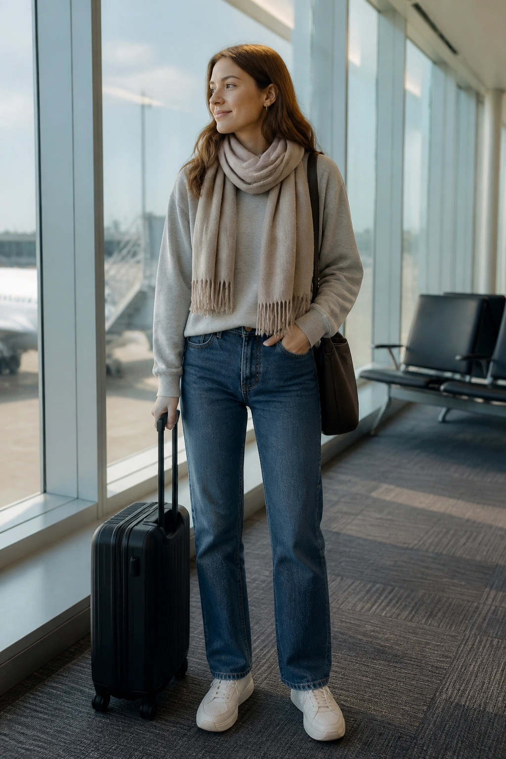 Traveler in straight-leg jeans and oversized scarf at airport gate