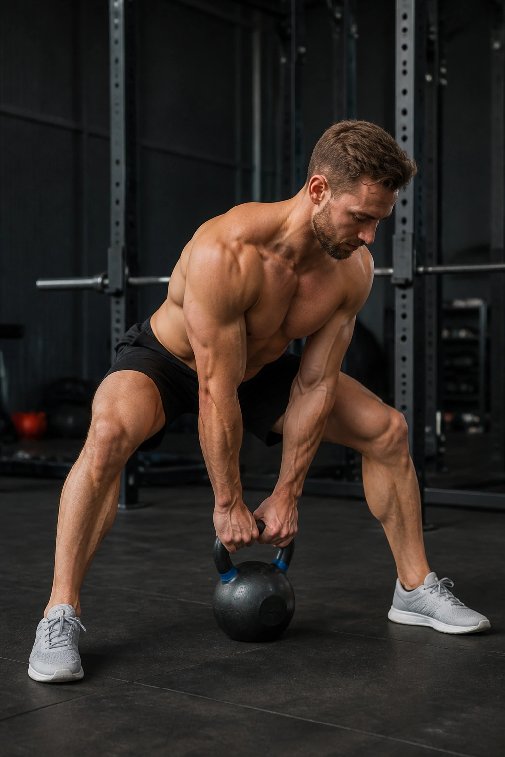 Jefferson deadlift with kettlebell between feet in gym