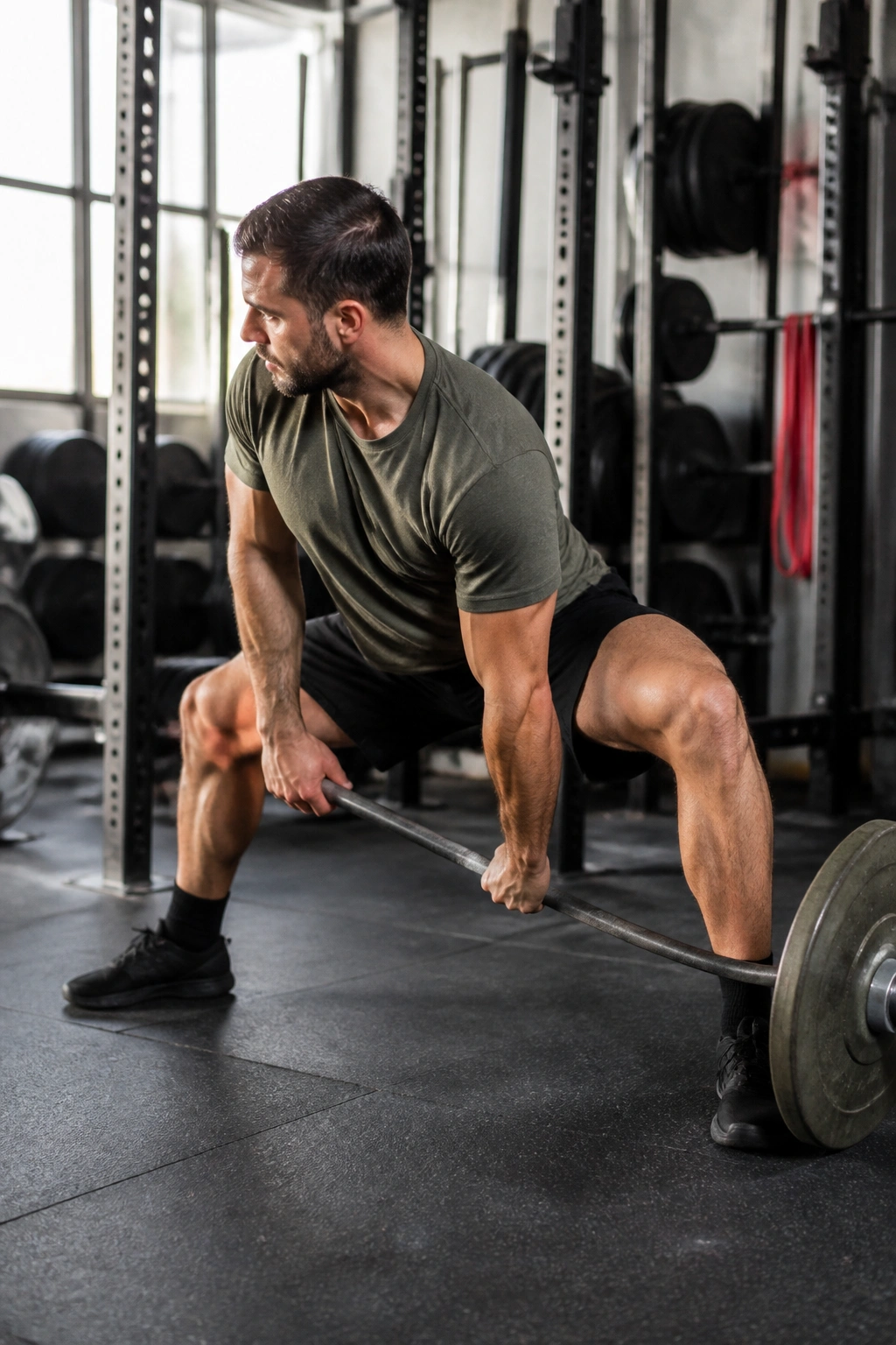 Mid-shot of a lifter performing Jefferson squat with bar between legs