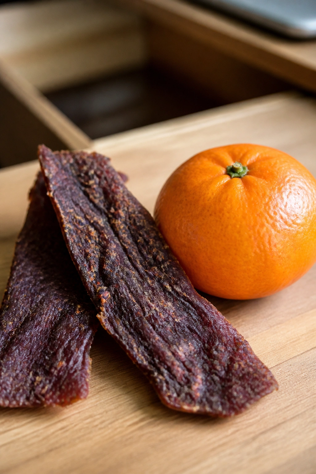 Beef jerky and a clementine on a desk surface