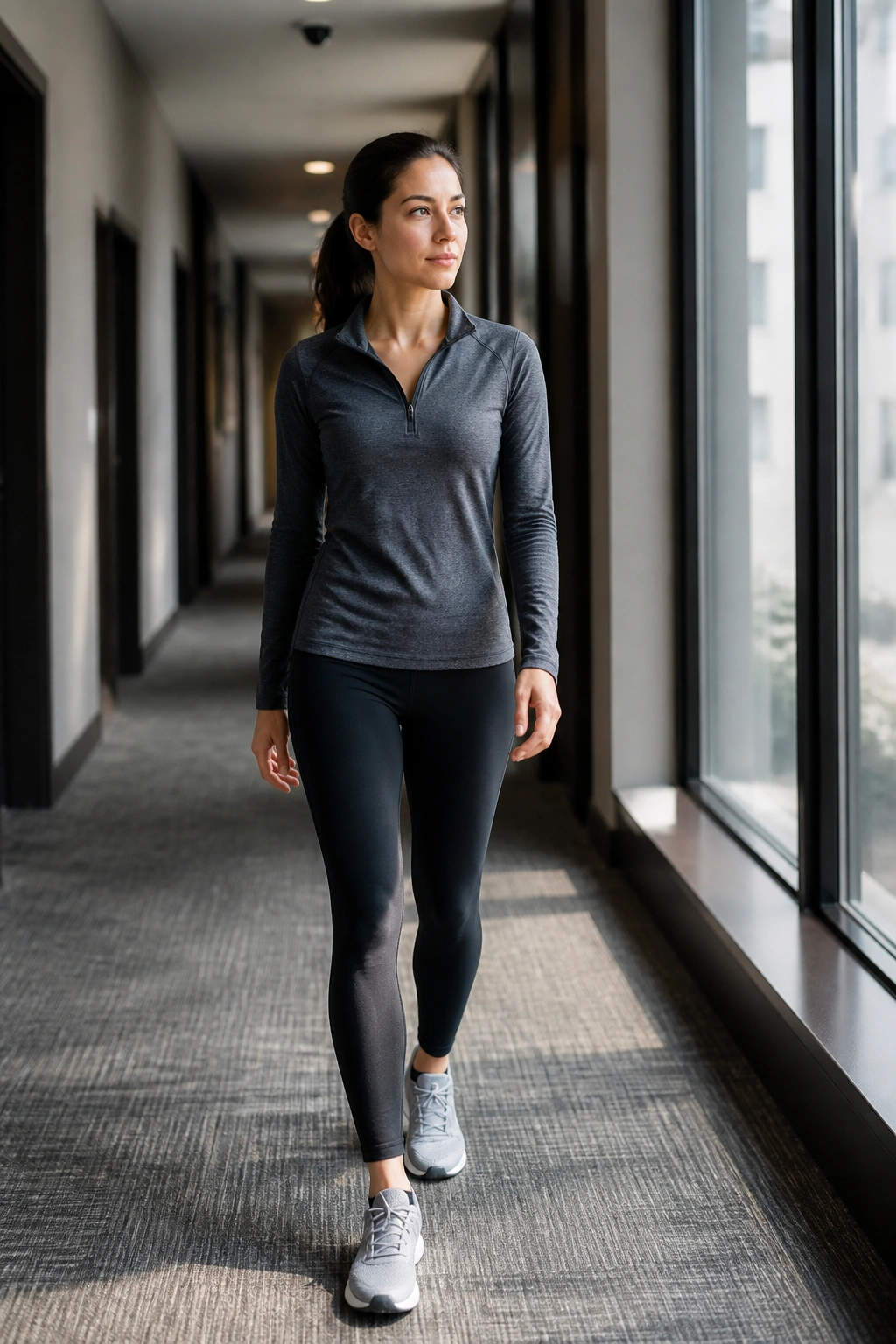 Person walking and stretching after travel in a hotel corridor