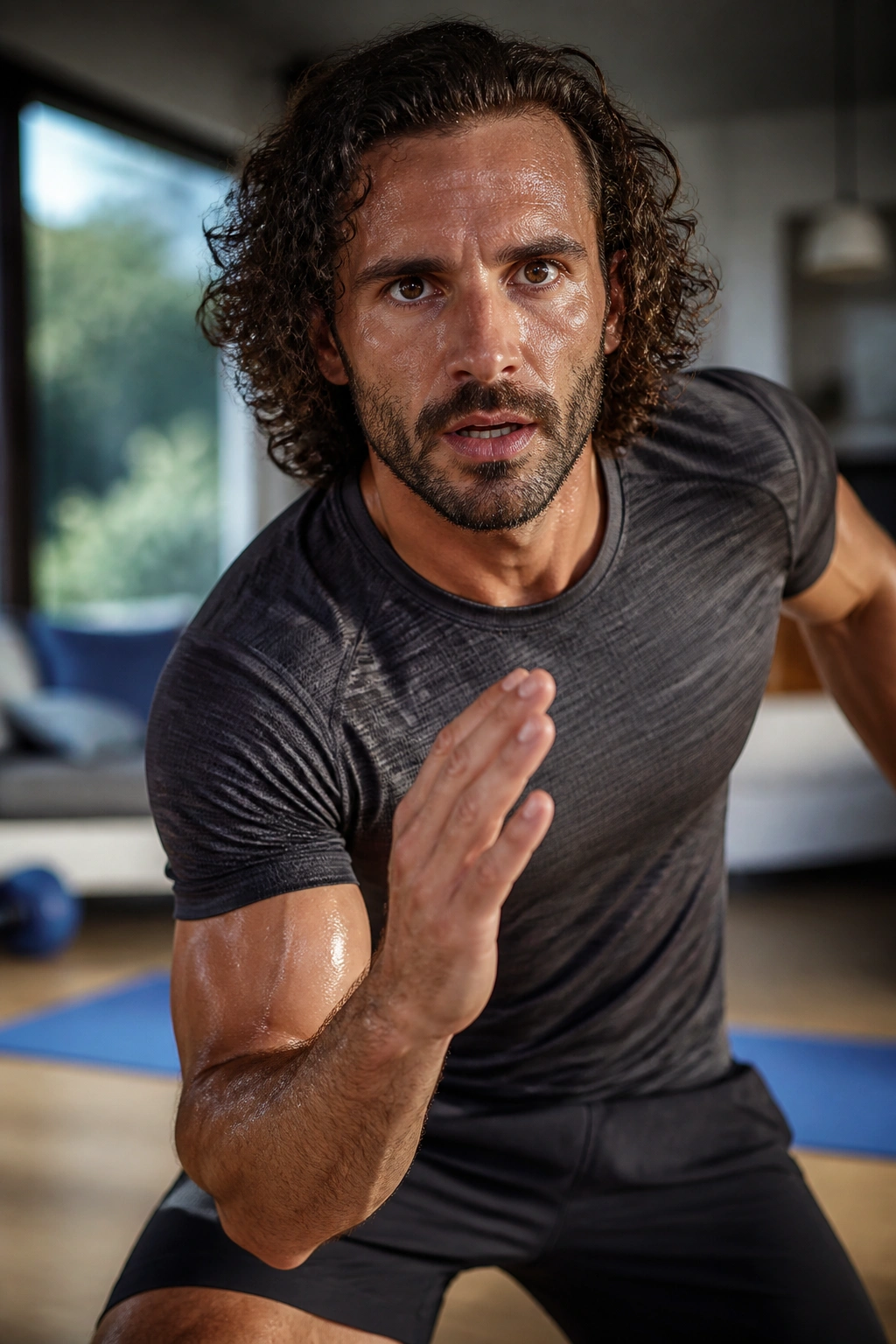 Close-up of Joe Wicks mid-action in a bright home gym during HIIT