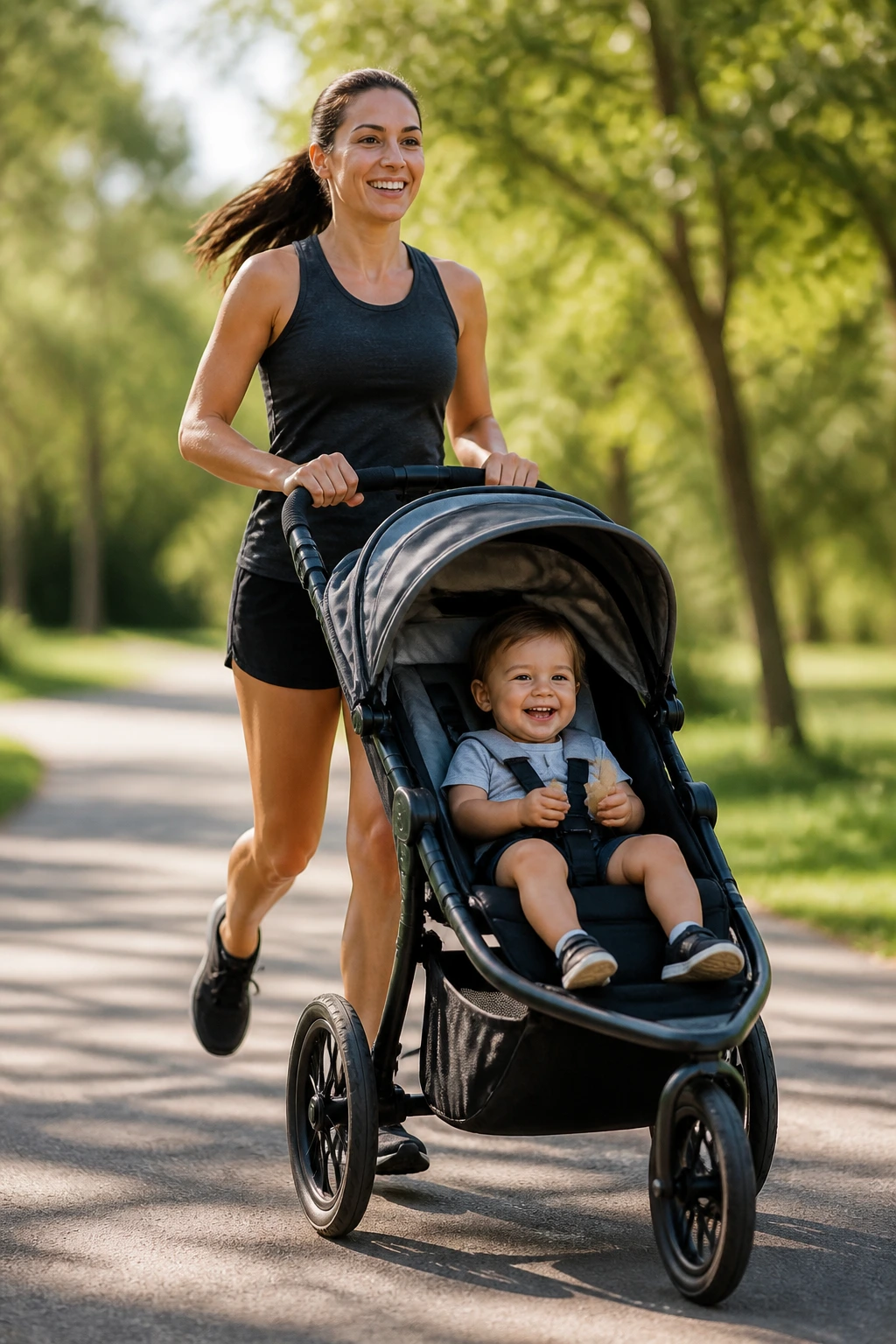 Parent pushing a jogging stroller on a park path during run-walk intervals
