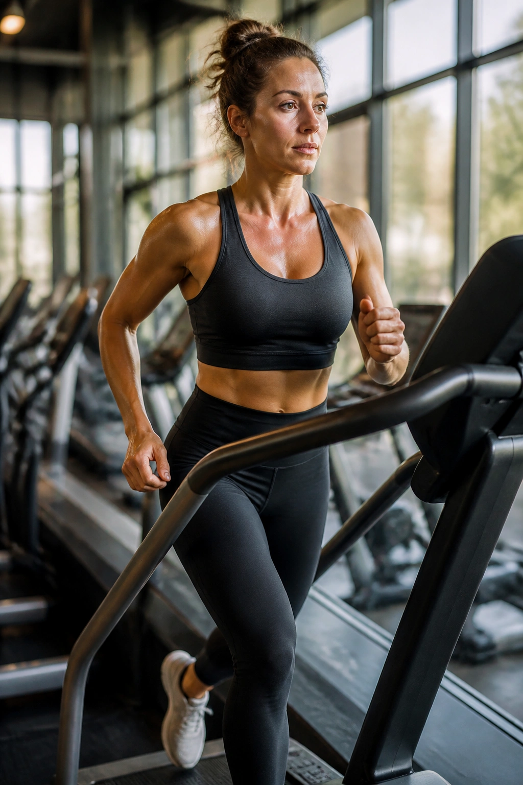 Medium close-up of a person on an incline treadmill representing joint-friendly training