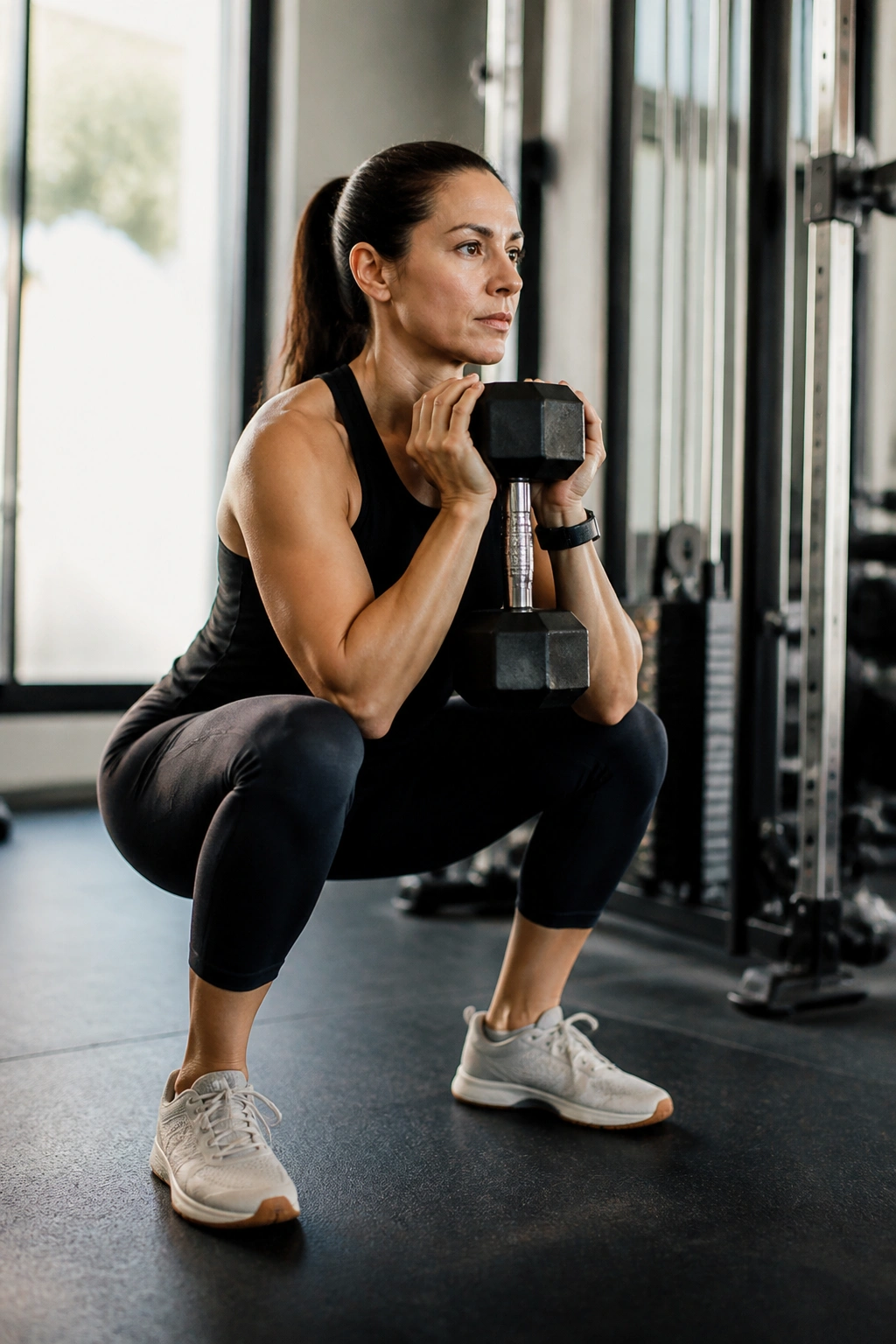 Mid-shot of a person performing goblet squat in a gym with controlled tempo