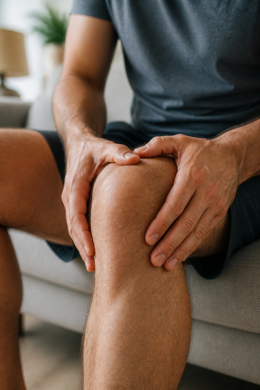 Person massaging knee in a calm home setting to ease joint soreness.