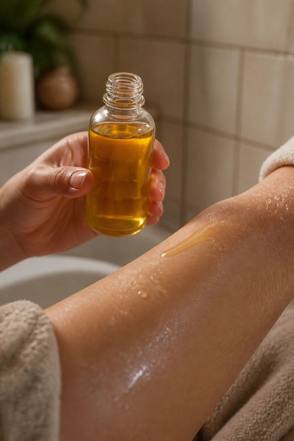 Close-up of a small bottle of jojoba oil with a drop on a forearm in a warm bathroom