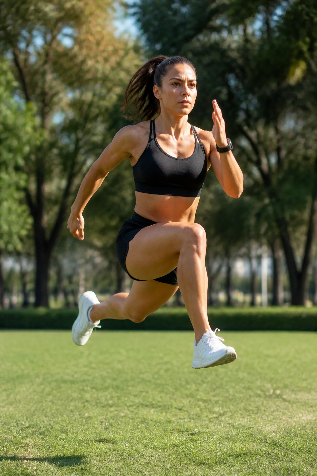 Person performing a jump lunge mid-air in an outdoor park