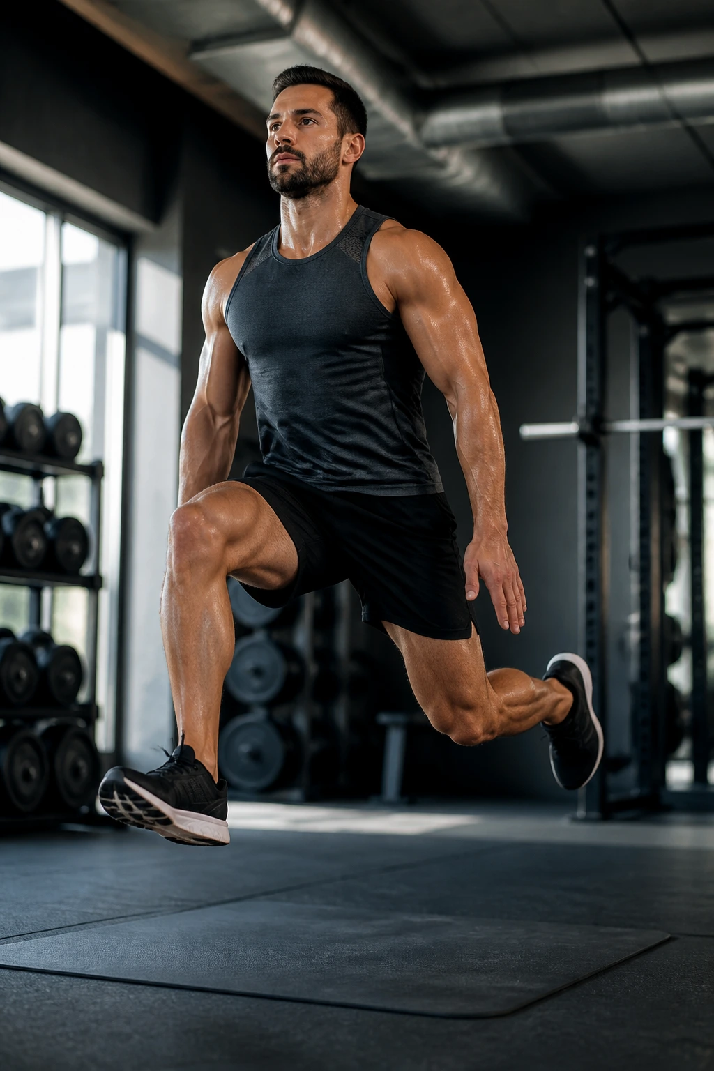 Mid-air jump lunge of a person in a gym, legs switching positions
