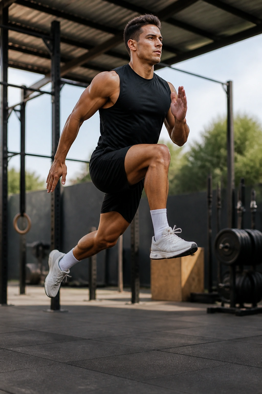 Athlete performing jump lunge in mid-air