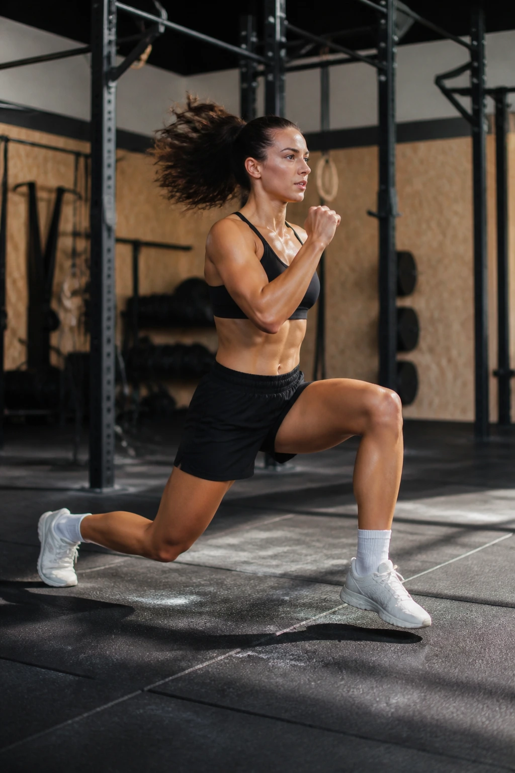 Athlete in mid-air jump lunge with front knee bent and torso upright in a gym.