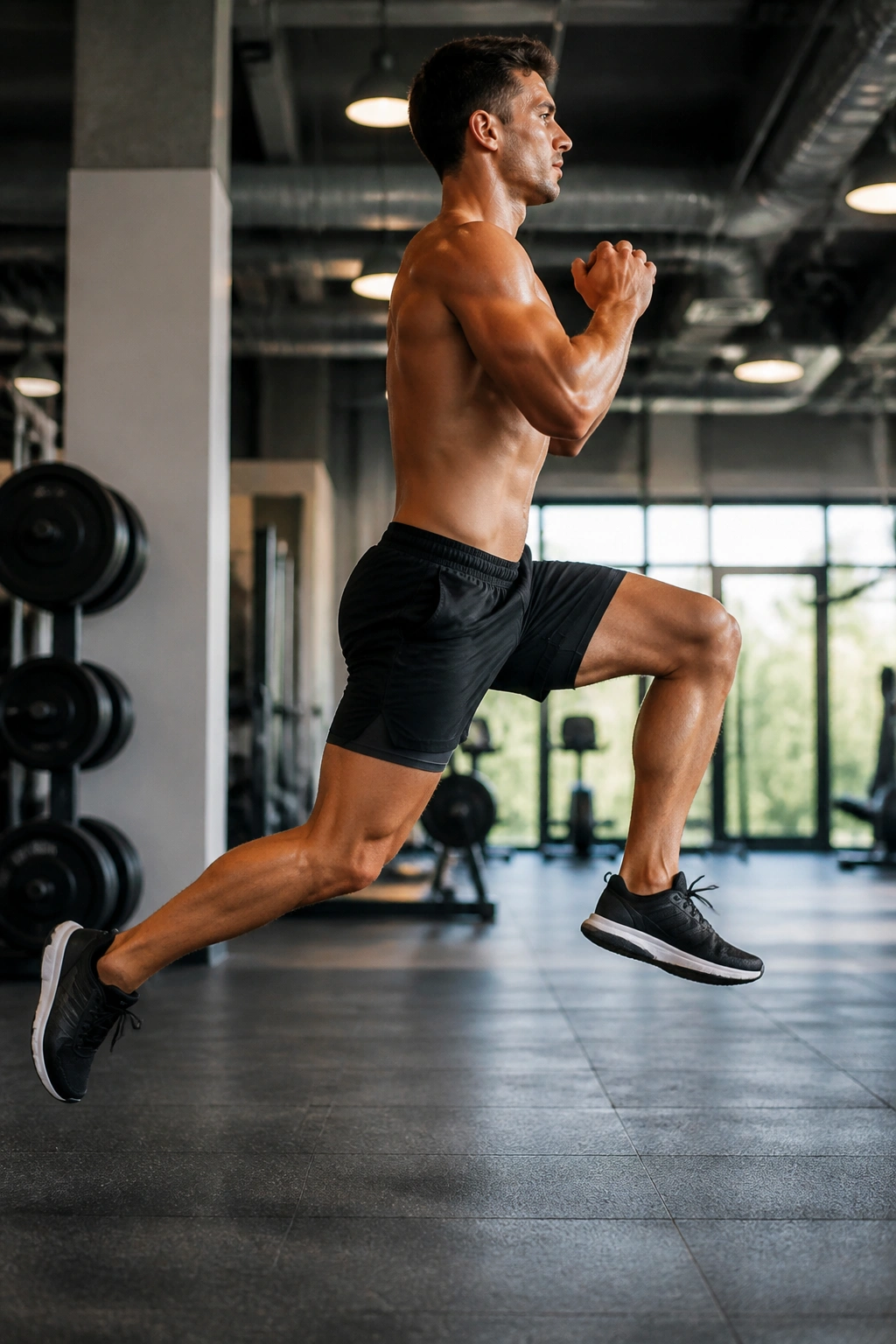 Side-profile of a person performing a jump lunge in a gym