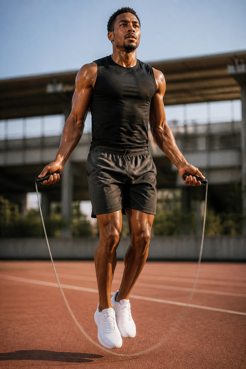 Athlete jumping rope with agility work in a bright gym or outdoor setting.