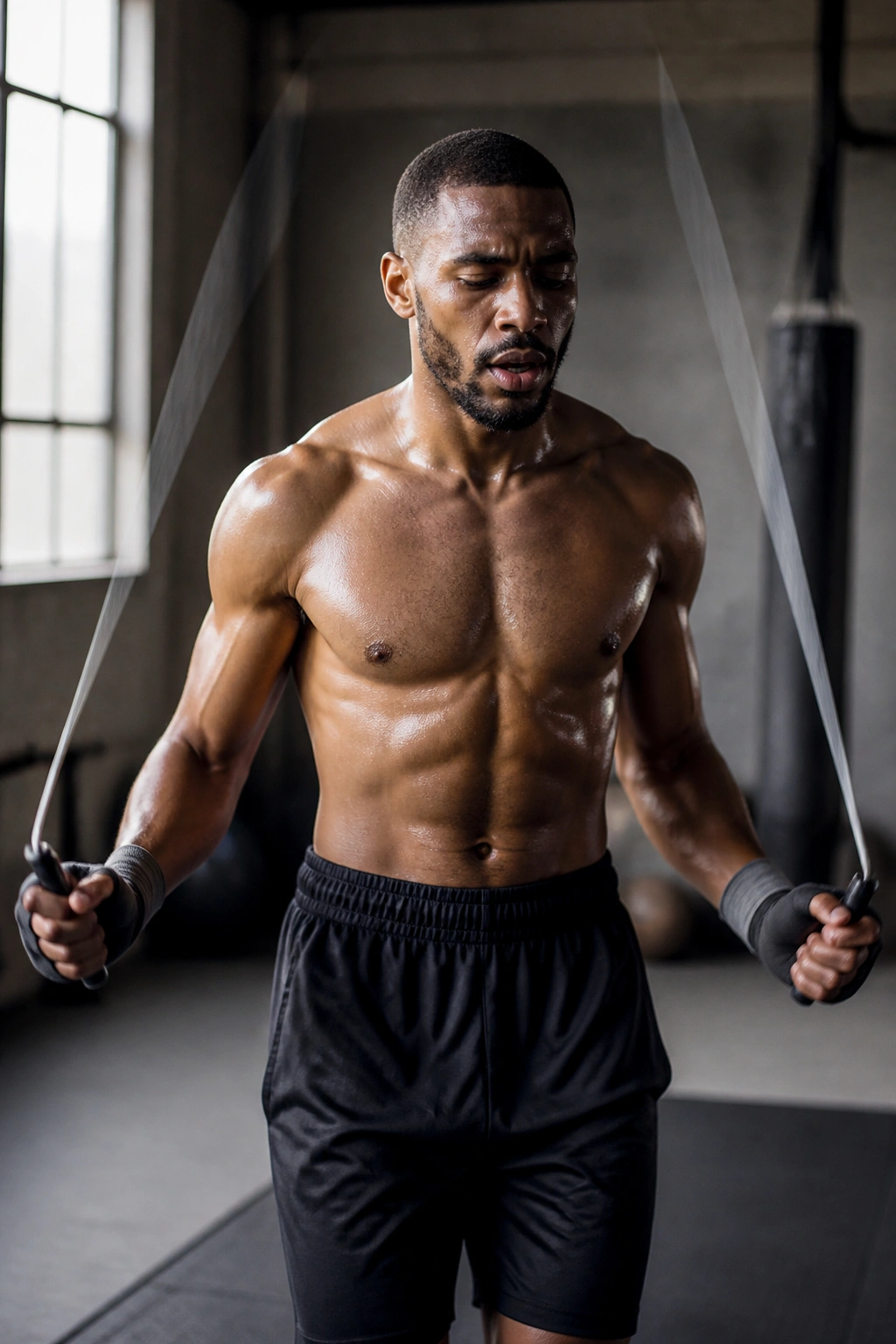 Boxer skipping rope in a gym