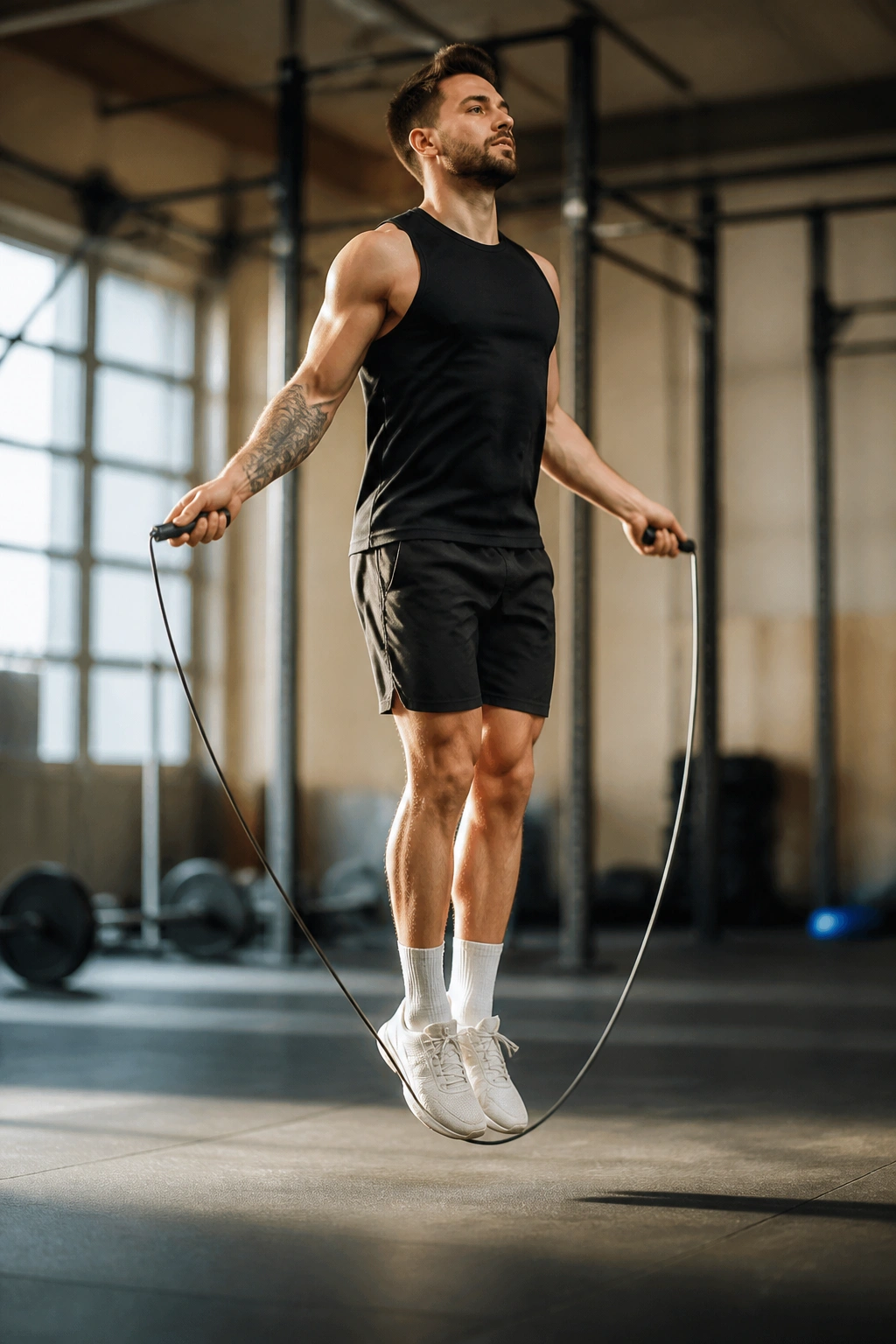 Person jumping rope showing calves and rhythm in a gym or track setting
