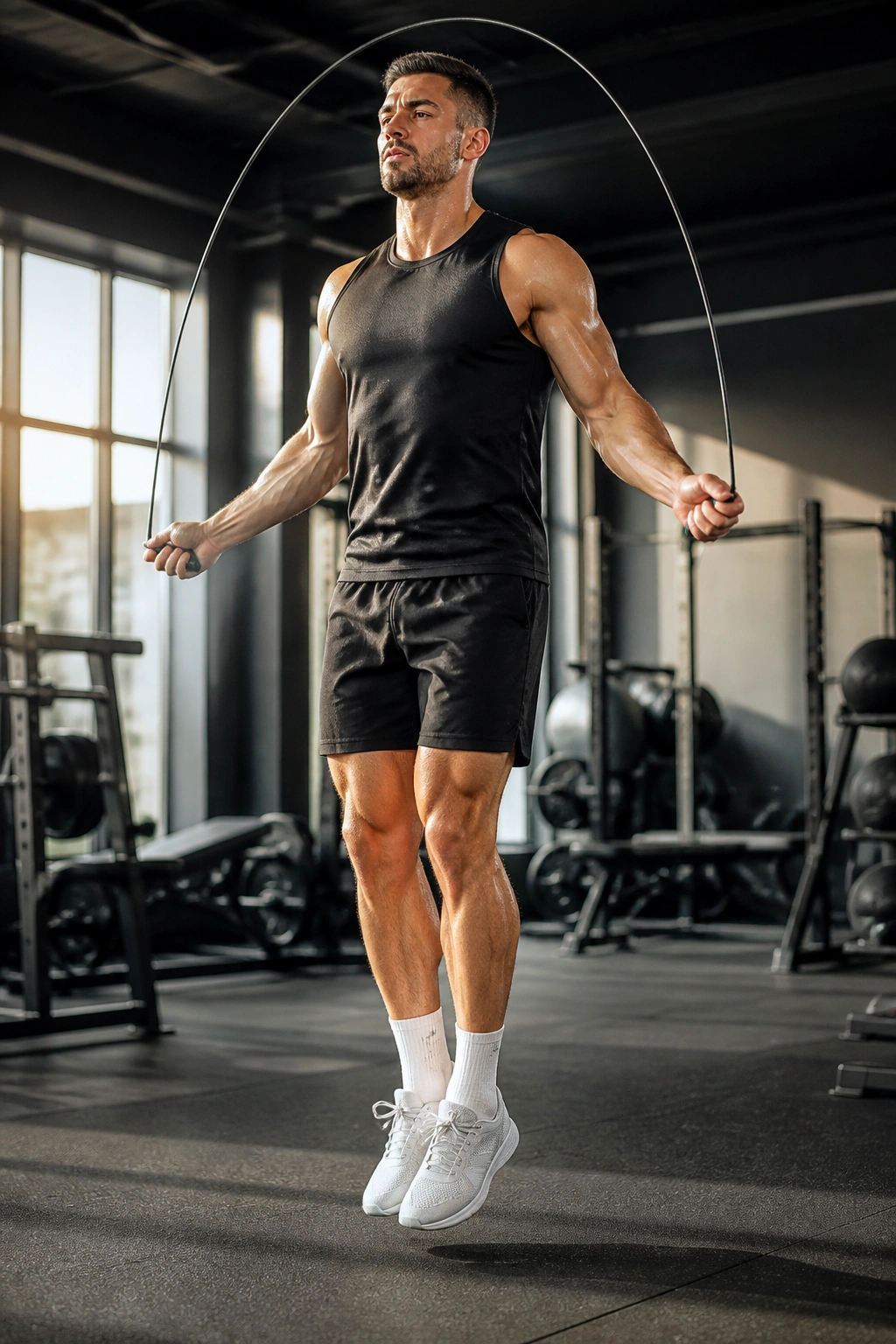 Close-up of a fit athlete jumping rope in a gym, calves engaged.