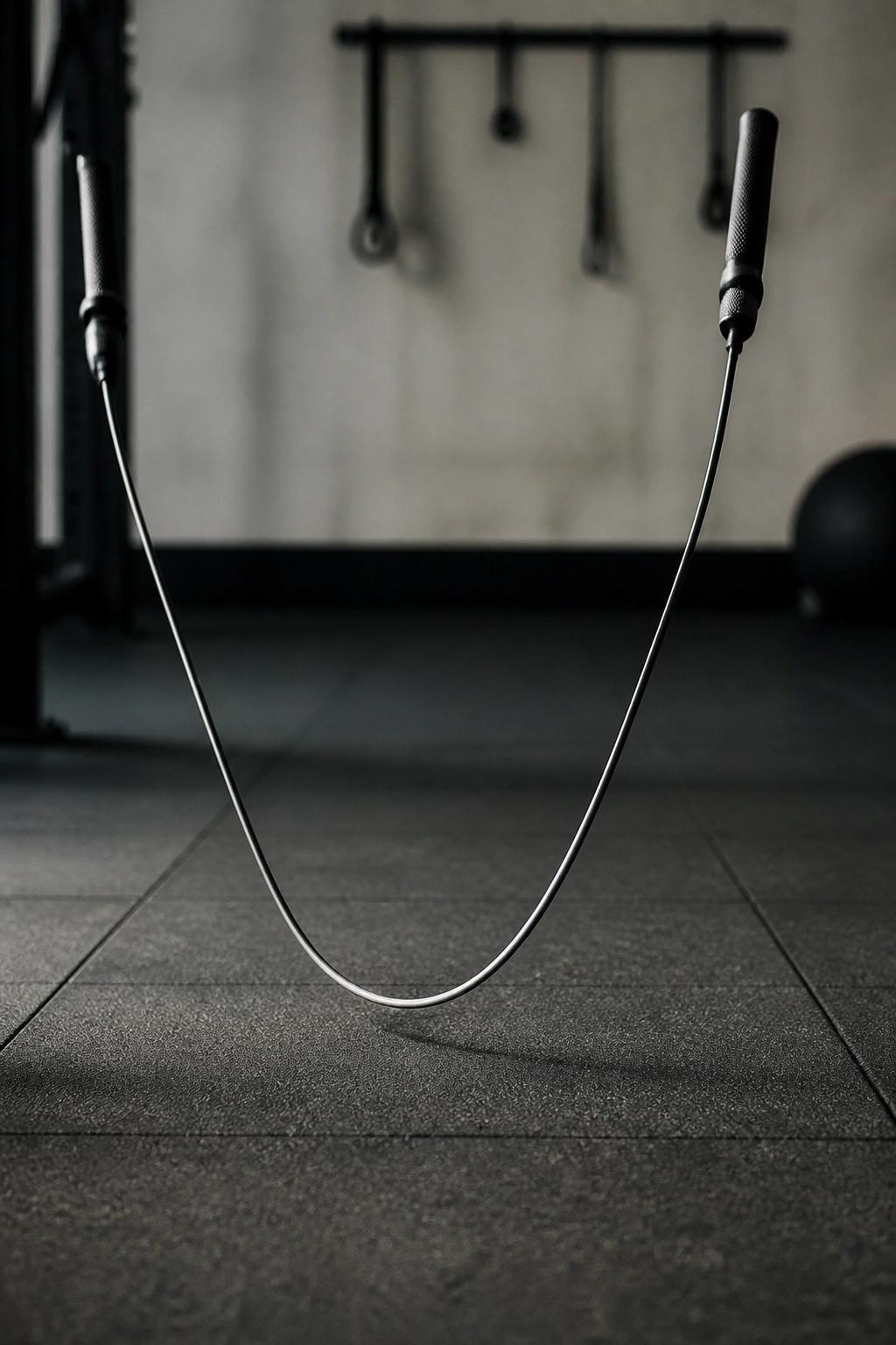 Jump rope in mid-air over a gym floor for cardio