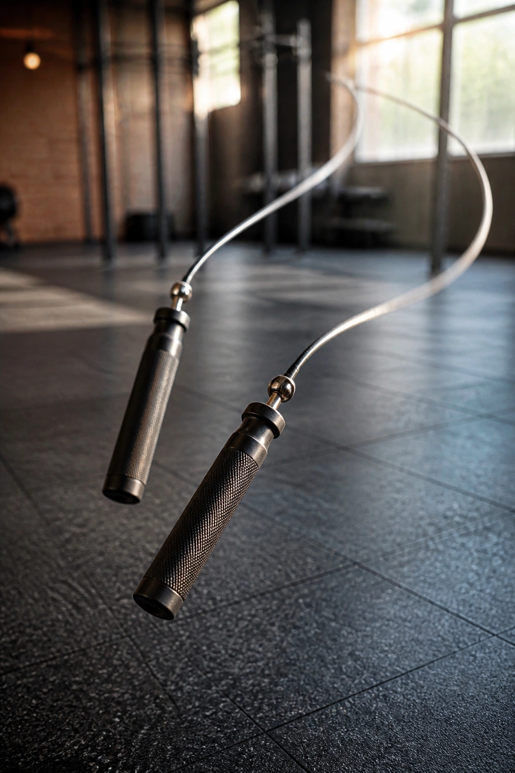Close-up jump rope in mid-swing with gym background