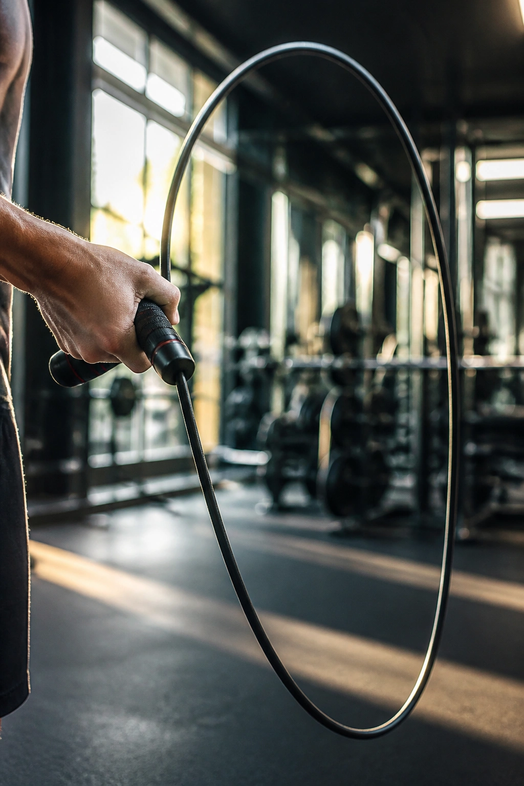 Close-up of a jump rope in mid-air with rope arc dominating the frame