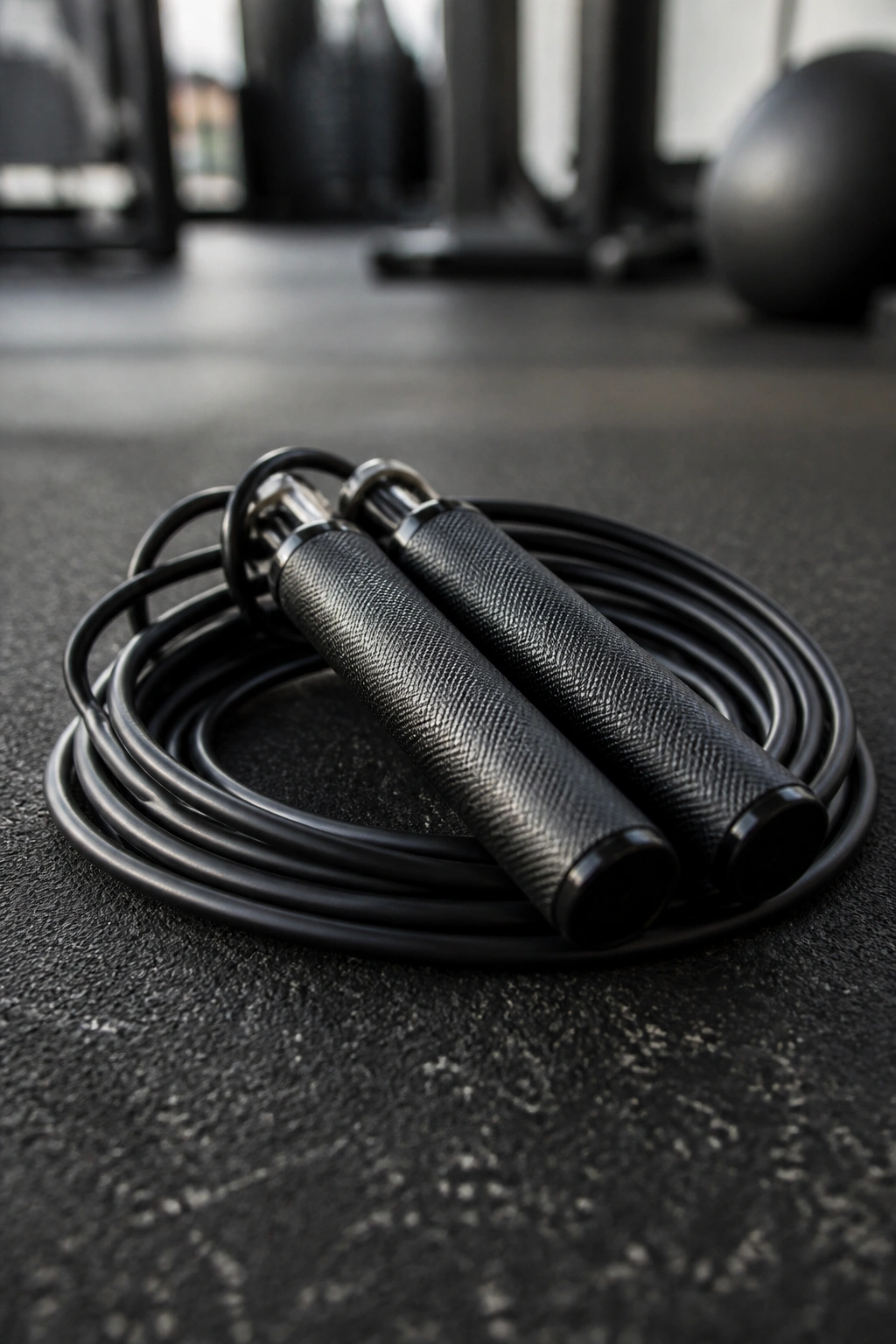 Jump rope coiled and ready on gym floor