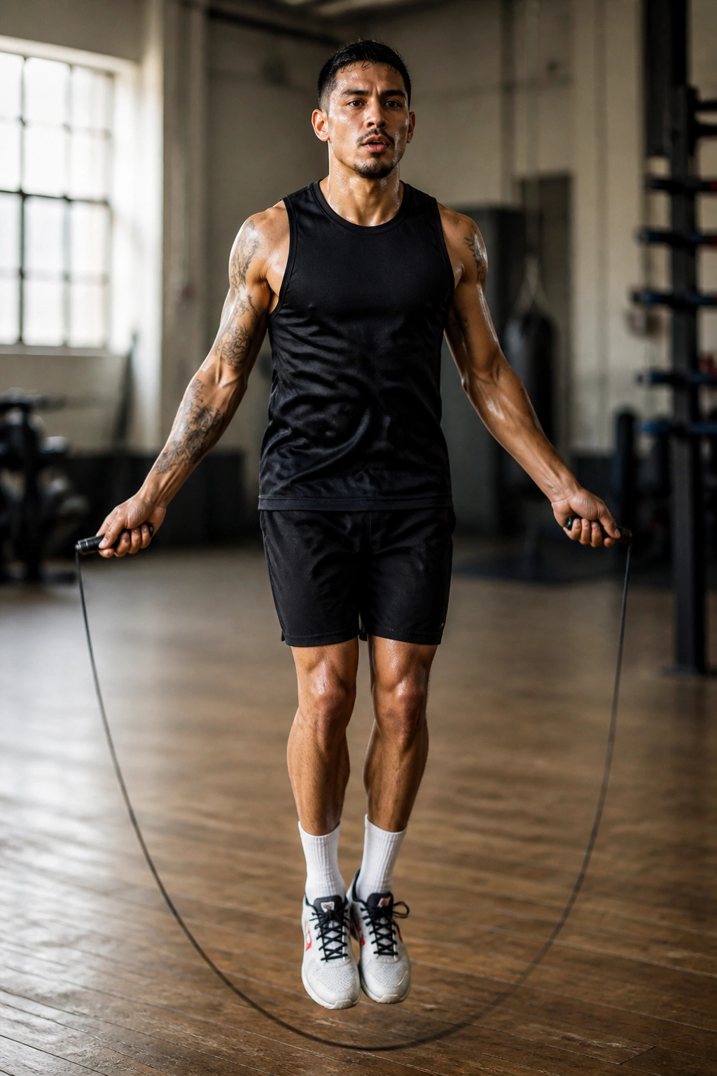 Close-up of athlete performing jump rope in gym during conditioning session