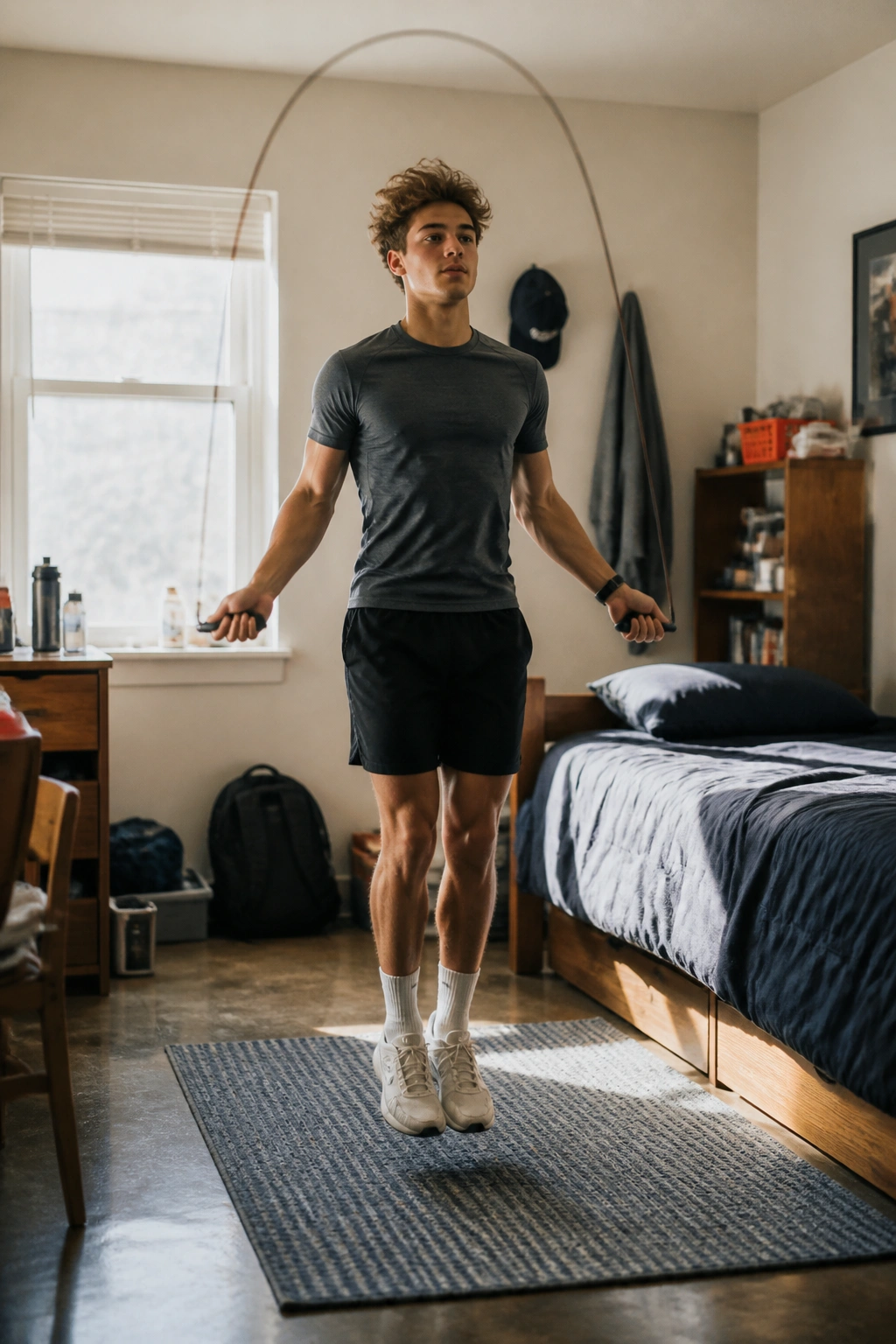 Student jumping rope in dorm room beside bed.